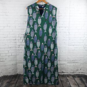 3 FAT MEN GREEN WITH FISH PRINT SLEEVELESS COVER UP MAXI DRESS SIZE LARGE